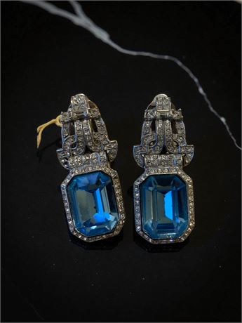 1980 Maresco Blue Glass Stone & White Rhinestone Clip On Drop Cocktail Earrings