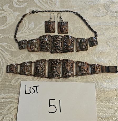 Vintage Peruvian Artistic Traditional Paneled Copper Necklace, Bracelet Set