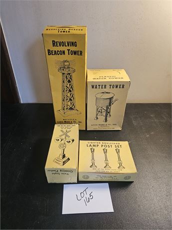 Marx Train Accessories- Lamp Post Set, Rail X Crossing, Water Tower & Revolving