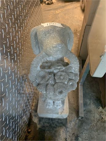 Lawn Statue Primitive Limestone Dog With Basket Of Flowers