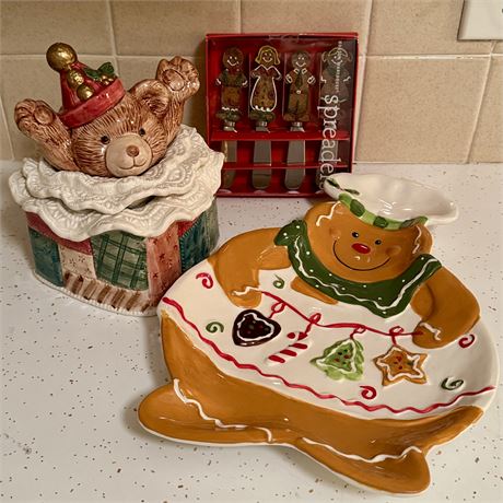 Fitz & Floyd Candy Dish & Gingerbread Cookie Platter & Spreaders
