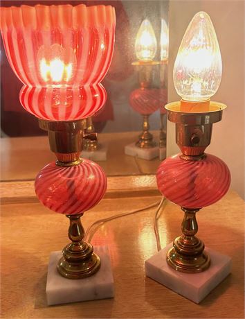 VERY RARE pair of Fenton Cranberry Opalescent Swirl Lamps