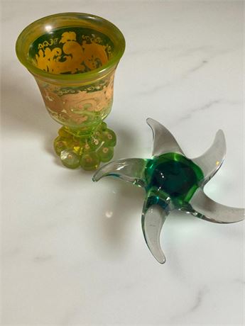 Uranium/Vaseline Glass Goblet & Hand-Blown Art Glass Starfish Paperweight