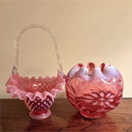 Vintage Fenton Cranberry Opalescent Art Glass Rose Bowl and Small Basket