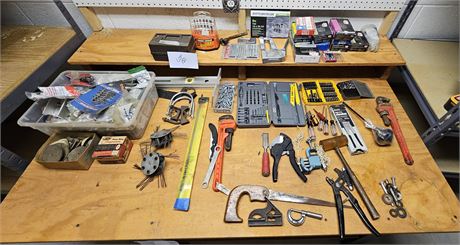 Mixed Tool Lot: Drill Bits, Hand Tools, Level, Hardware & More