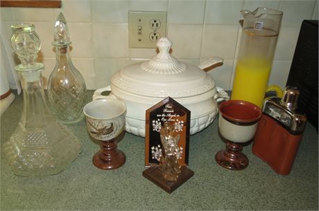 Miscellaneous: Decanters, Soup Bowl, Cups, Etc