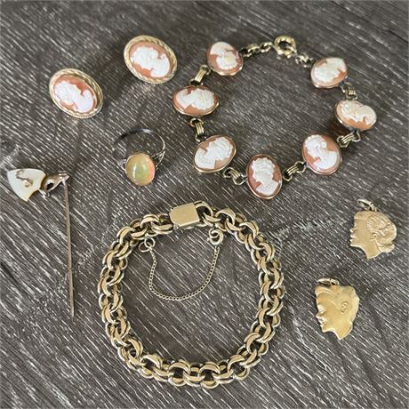 Collection of Antique/Vintage Gold Filled Jewelry w/ Cameo Bracelet/Earrings Set