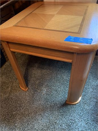 Vintage Solid Oak Square End/Side Table With Square Design Pattern On Top