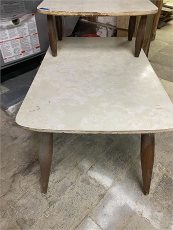 Mid Century Modern Square Gray/White Marbled-Look Two Tier End Or Side Table