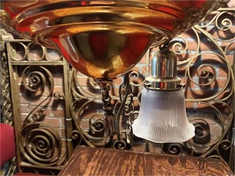 Art Deco Pan Brass Chandelier & Ribbed Glass Shades (Extra Shades)