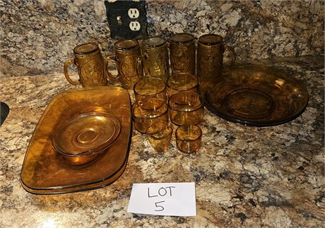 Mixed Vintage Amber Glass, France Platters, Cups & More