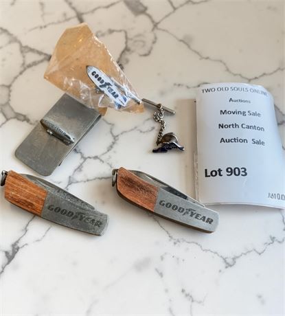 Goodyear Promo Blimp Tie Pin Money Clip, 2 Swiss Army Knives, Winged Boot Pin