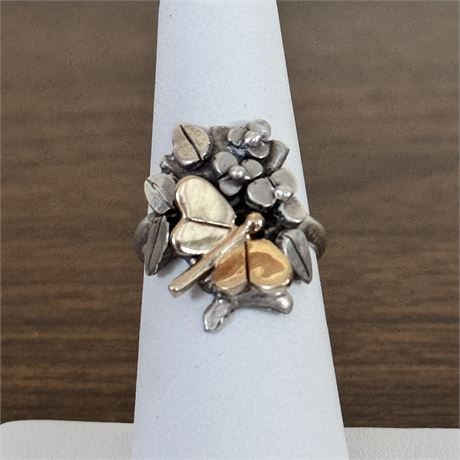 14K Gold Butterfly Sterling Silver Floral Ring - Size 6