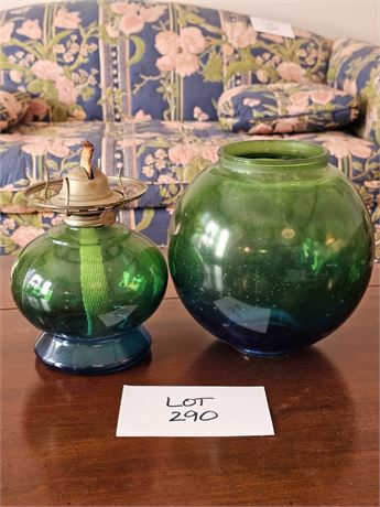 Vintage Risdon Oil Lamp – Blue and Green Ombre Flash Glass Globes
