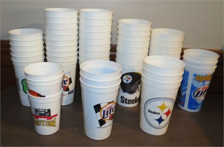 Assorted Plastic Beer Cups: Steelers, Miller Lite, etc