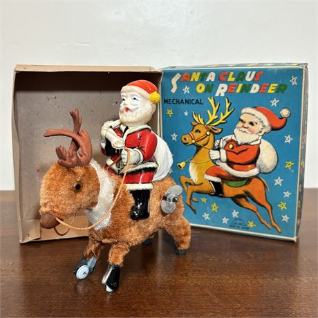 Vintage Frankoma Santa on Reindeer Mechanical Tin Litho Wind-Up Toy