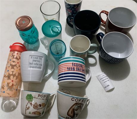 Drinkware Lot - Large Napcoware Mugs, Blue Owl Glass Jar & More