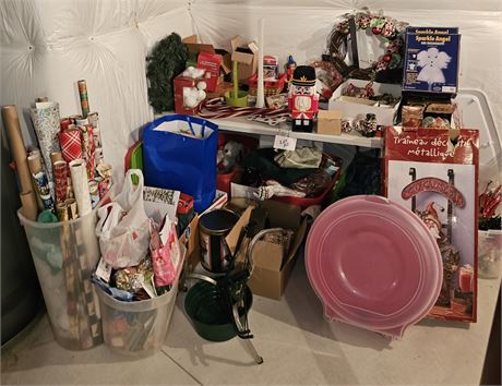 Large Lot Of Mixed Christmas, Lights, Wrapping, Wreaths, Ornaments, Tins, & More