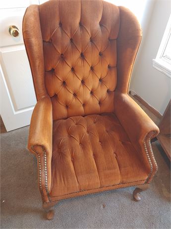 Vintage Burnt Orange Tufted Wingback Chair w/Queen Anne Legs