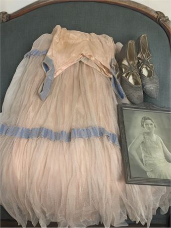 1920s Women's Layered Lace Slip Dress, Silver Brocade Mary Jane Shoes