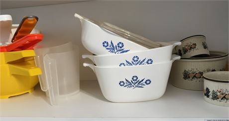 Blue Cornflower Corning Ware Casserole Dishes, Strainers, Colanders