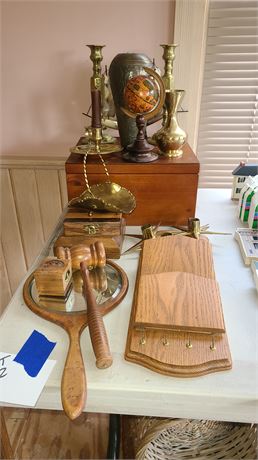 Mixed Decor Lot: Wood Box/Mirror/Gavel/Letter Holder/Brass Candle Sticks & More