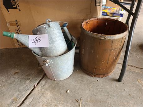 Galvanized Bucket & Watering Can + Wood Barrel