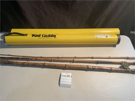 Vintage Bamboo Fishing Rod and Reel With Rod Caddy Case