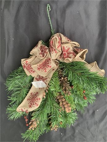 Christmas Hanging Swag Burlap Ribbon Red Snowflakes And Pine Cone Accents