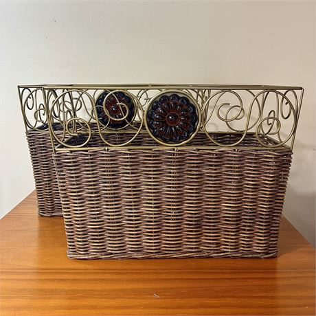 Pair of Decorative Wicker and Metal Storage Baskets