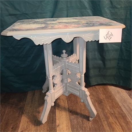 EastLake Grey & Floral Distressed Painted Side Table on Castors