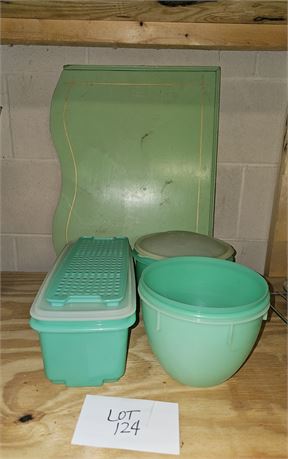 Wood Serving Tray & Vintage Green Tupperware