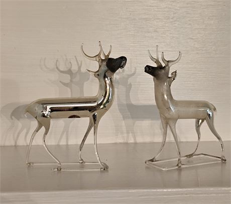 Antique German Bimini Blown Mercury Glass Deer Ornaments Set of 2