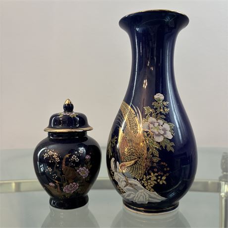 Vintage Japanese Transferware Vase and Covered Jar