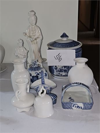 Mixed Asian Inspired Decor Lot: Blue & White Lidded Jar/Baskets/Figurines & More