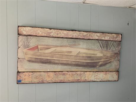 Rustic Wood Coastal/Nautical Row Boat Art Hanging In Neutral Colors