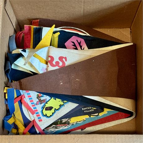 Box of Vintage Sports and Souvenir Pennants w/ Browns, Indians, Landmarks
