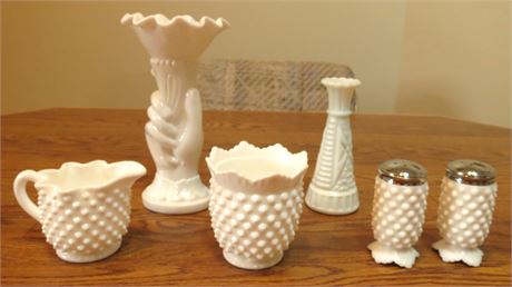 Hobnail Milk Glass Salt & Pepper Shakers, Cream, Sugar, Etc