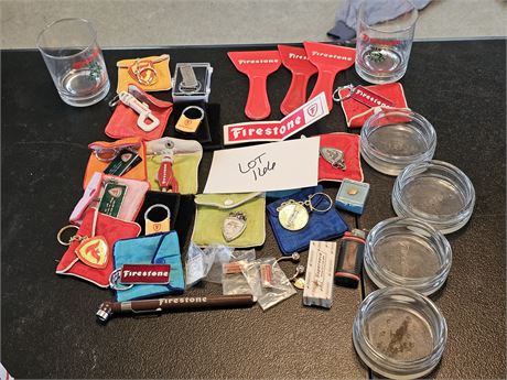 Large Lot of Firestone Collectibles : Glass Insert Ashtrays/Lighter/Key Chains