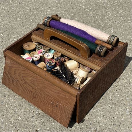 Wooden Sewing Caddy and Thread