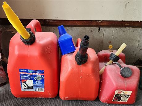 3 Plastic Gas Cans & Funnel