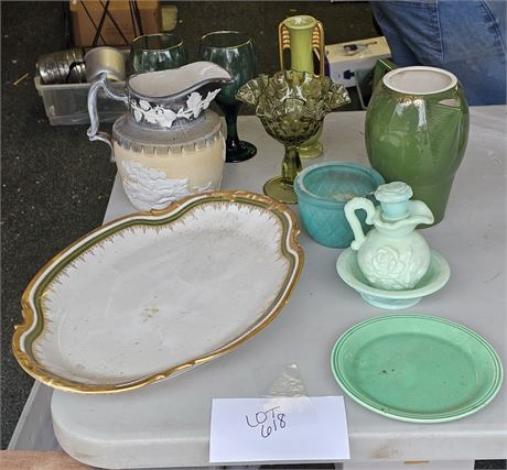Mixed Green Lot - Platters / Pitcher / Stemware & More - Mixed Makers & Size