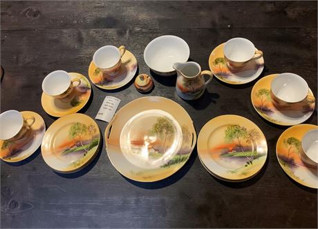 Noritake Tea Set W/Hand-Painted Morimura Nippon Tree In The Meadow Pattern