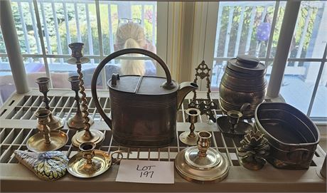 Mixed Brass Candle Holders, Water Can, Tobacco Canister