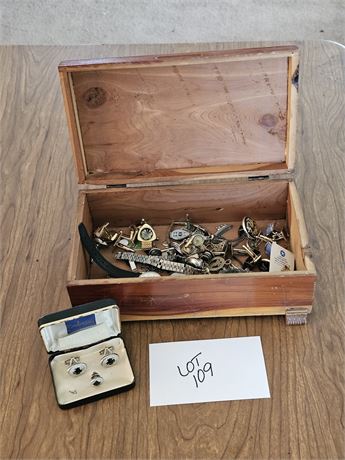 Vintage Wood Jewelry Box with Mixed Men's & Women's Jewelry