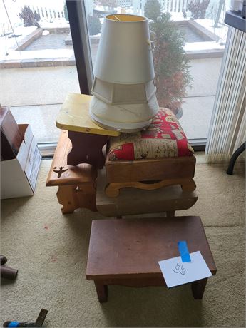 Lot of Different Size & Style Foot Stools Plus Small Lamp Shades
