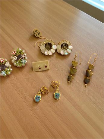 Gold-Toned Hand-Painted Enamel Floral Clip Earrings, Enamel Floral Clip Ons