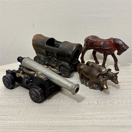 Vintage Cast Metal Grouping - Horse, Canon and Matchstick Holder
