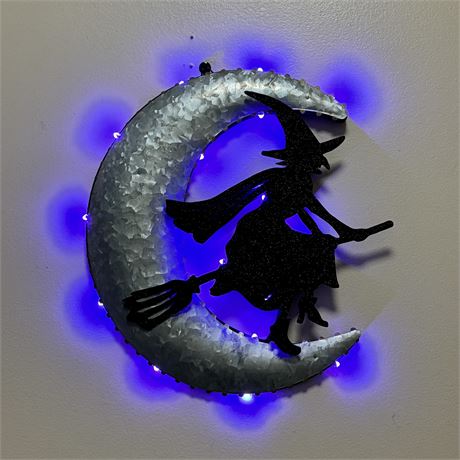 Lighted Halloween Witch Flying Over the Moon Wall Decor - Approx. 12" x 11"