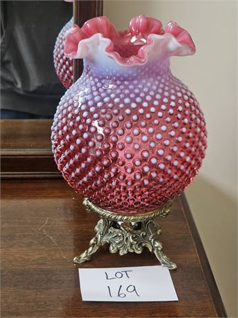 Fenton Cranberry Opalescent Hobnail Ruffle Edge Globe Shade Lamp